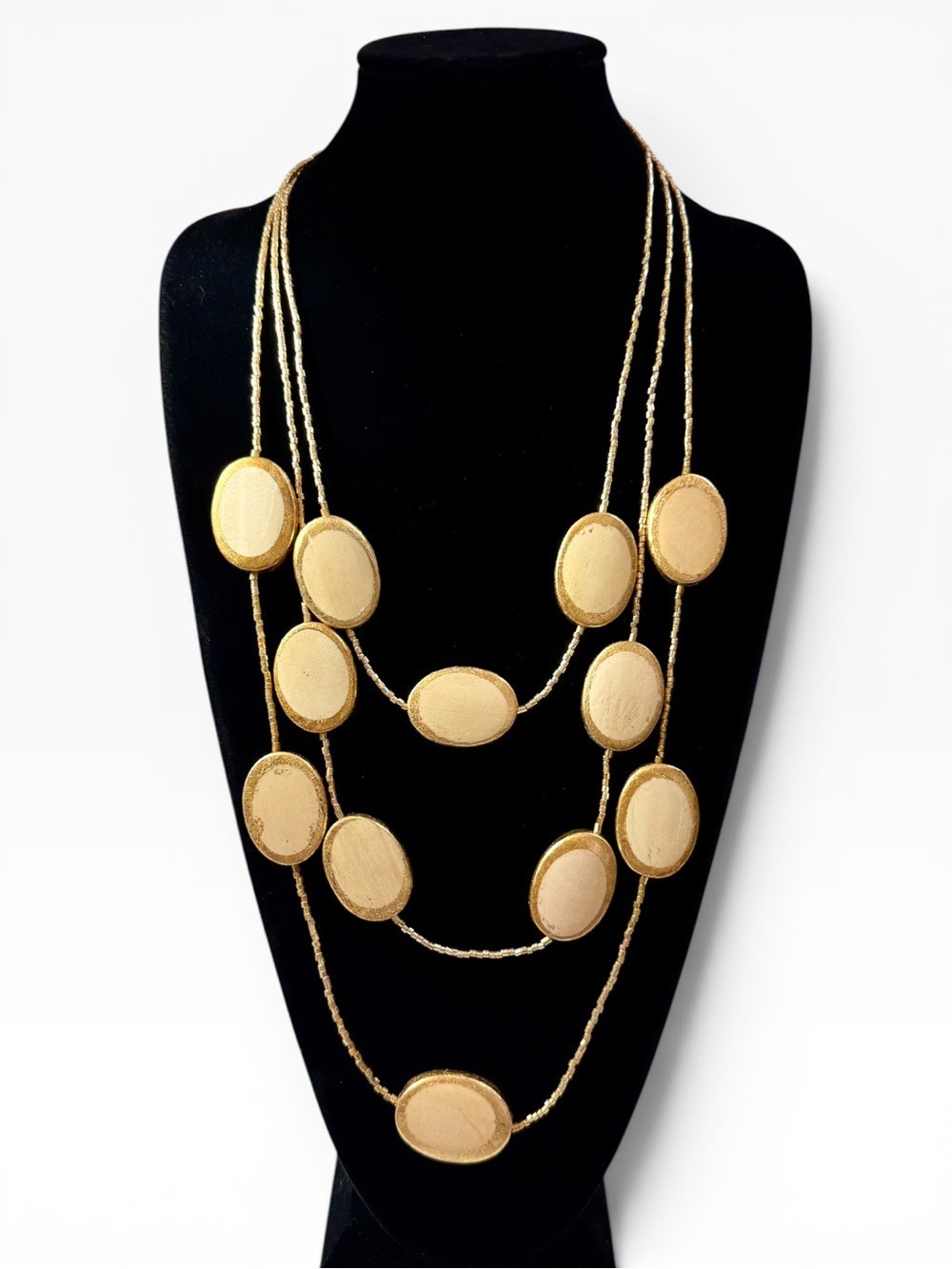 CHICO’s Gold & Cream Wood Oval Layered Station Necklace | NWT $99